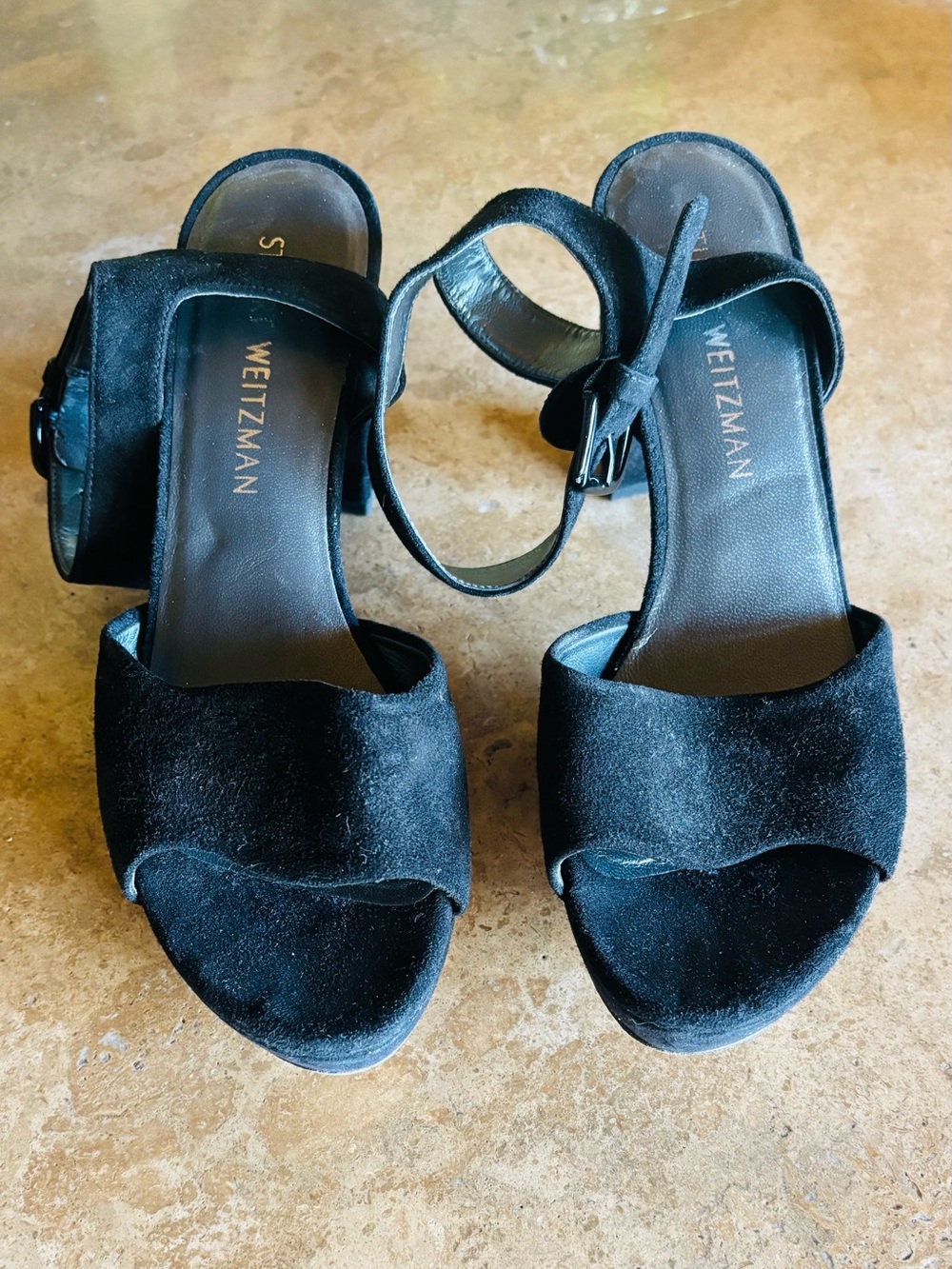 Stuart Weitzman Black Suede Platform Ankle Strap Sandals